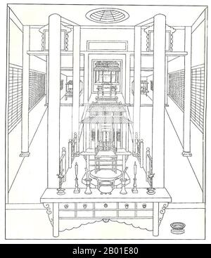 China: Das Innere der Kaifeng-Synagoge auf der Grundlage einer Zeichnung des Jesuiten Père Jean Domange (1666-1735), 1722. Die Kaifeng-Juden sind Mitglieder einer kleinen jüdischen Gemeinde, die seit Hunderten von Jahren in Kaifeng, in der chinesischen Provinz Henan, existiert. Die Juden im modernen China nennen sich traditionell Youtai (aus Judah) auf Mandarin-Chinesisch, was auch der vorherrschende Begriff in der chinesischen Sprache für Juden im Allgemeinen ist. Die Gemeinschaft war jedoch von ihren Han-Chinesen als Anhänger von Tiaojinjiao bekannt, was locker die Religion bedeutet, die die Sehnen entfernt. Stockfoto