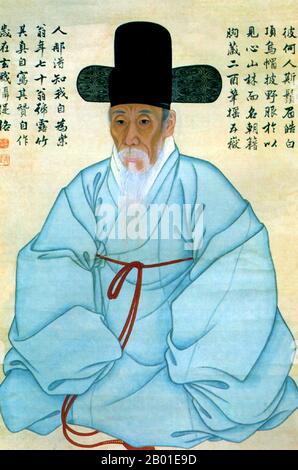 Korea: Selbstporträt von Gang SE-hwang (1713-1791), Maler und Kalligraf der Joseon-Dynastie, 18. Jahrhundert. Gang SE-hwang/Kang Sehwang war nicht nur ein hoher Regierungsbeamter, sondern auch ein bekannter Maler, Kalligraf und Kunstkritiker der Mitte der Joseon-Zeit. Als er über sechzig Jahre alt war, kam er in den königlichen Dienst. Die Gruppe hat den Malstil „Muninhwa“ („Gemälde von Menschen der Kultur“) etabliert und praktiziert. Stockfoto