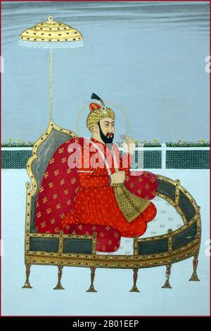 Indien: Zahir ud-din Muhammad Babur (1483-1531) der erste Mogul-Kaiser. Miniaturmalerei, ca. 18. Jahrhundert. Zahir-din Muhammad Babur war ein muslimischer Eroberer aus Zentralasien, dem es nach einer Reihe von Rückschlägen endlich gelungen ist, die Grundlage für die Mogul-Dynastie Südasiens zu schaffen. Er war ein direkter Nachkomme von Timur durch seinen Vater und ein Nachkomme von Dschingis Khan durch seine Mutter. Babur identifizierte seine Abstammung als Timurid und Chaghatay-Turkic, während seine Herkunft, sein Milieu, seine Ausbildung und seine Kultur von der persischen Kultur durchdrungen waren. Stockfoto