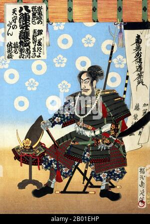 Japan: Der Krieger Kato Kiyomasa (1562-1611). Ukiyo-e-Blockdruck von Yoshu Chikanobu (1838-1912), 1886. Die angebliche Vergiftung des großen Kriegers Kato Kiyomasa war Gegenstand eines Kabuki-Stücks, das 1807 Premiere hatte, aber aufgrund der damaligen Zensur der Regierung wurde der Name der Hauptfigur in Sato Masakiyo geändert. Toyohara Chikanobu, unter seinen Zeitgenossen besser als Yōshū Chikanobu bekannt, war ein produktiver Holzblockkünstler aus der japanischen Meiji-Zeit. Seine Werke spiegeln den Übergang vom Zeitalter der Samurai zur Meiji-Moderne wider. Stockfoto