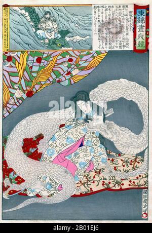 Japan: Göttlicher Prinz Ugayafuki Aezu. Ukiyo-e-Blockdruck von Yoshu Chikanobu (1838-1912), 1886. Prinzessin Toyotama, Tochter des Drachenkönigs des Meeres, gebiert den göttlichen Prinzen Ugayafuki Aezu, indem sie sich von ihrer menschlichen Gestalt in einen Drachen verwandelt. Toyohara Chikanobu, unter seinen Zeitgenossen besser als Yōshū Chikanobu bekannt, war ein produktiver Holzblockkünstler aus der japanischen Meiji-Zeit. Seine Werke spiegeln den Übergang vom Zeitalter der Samurai zur Meiji-Moderne wider. 1875 entschied er sich, als Künstler zu leben. Er reiste nach Tokio und fand eine Arbeit als Künstler für den Kaishin Shimbun Stockfoto