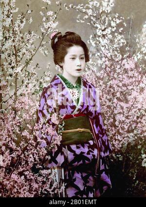 Japan: Eine junge Frau in einem Kimono, die inmitten von Blüten steht, Enami Nobukuni (1859-1929), c. 1905. T. Enami (Enami Nobukuni) war der Handelsname eines gefeierten Fotografen aus der Meiji-Zeit. Man nimmt an, dass das T. seines Handelsnamens für Toshi steht, obwohl er es nie in einem persönlichen oder geschäftlichen Dokument ausgeschrieben hat. Geboren in Edo (jetzt Tokio) während der Bakumatsu-Ära, war Enami zunächst Student und dann Assistent des bekannten Fotografen und Kollotypisten Ogawa Kazumasa. Enami zog nach Yokohama um und eröffnete 1892 ein Studio in der Benten-dōri (Benten-Straße). Stockfoto