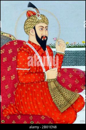 Indien: Zahir ud-din Muhammad Babur (14. Februar 1483 - 26. Dezember 1530), erster Mogul-Kaiser. Aquarellgemälde, Ende des 18. Jahrhunderts. Zahir-din Muhammad Babur war ein muslimischer Eroberer aus Zentralasien, dem es nach einer Reihe von Rückschlägen endlich gelungen ist, die Grundlage für die Mogul-Dynastie Südasiens zu schaffen. Er war ein direkter Nachkomme von Timur durch seinen Vater und ein Nachkomme von Dschingis Khan durch seine Mutter. Babur identifizierte seine Abstammung als Timurid und Chaghatay-Turkic, während seine Herkunft, sein Milieu, seine Ausbildung und seine Kultur von der persischen Kultur durchdrungen waren. Stockfoto