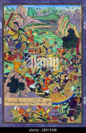 Indien: Zahir ud-din Muhammad Babur (1483-1531), der erste Mogul-Kaiser, stellt sich seinen Feinden. Miniaturgemälde aus dem Baburnama, 16. Jahrhundert. Bāburnāma (wörtlich: "Buch von Babur" oder "Briefe von Babur"; auch bekannt als Tuzk-e Babri) ist der Name, der den Memoiren von Ẓahīr ud-Dīn Muḥammad Bābu, Gründer des Mogul-Reiches und Ururururenkel von Timur, gegeben wurde. Es handelt sich um ein autobiographisches Werk, ursprünglich in der Sprache Chagatai geschrieben, das Babur als „Turki“ (d. h. Turkisch), die gesprochene Sprache der Andischan-Timuriden, bekannt ist. Stockfoto