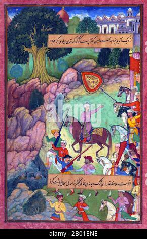 Indien: Auf dem Weg nach Hindustan halten Babur und seine Männer für die Nacht, bevor sie den Indus überqueren. Miniaturgemälde aus dem Baburnama, Ende des 16. Jahrhunderts. Bāburnāma (wörtlich: "Buch von Babur" oder "Briefe von Babur"; auch bekannt als Tuzk-e Babri) ist der Name, der den Memoiren von Ẓahīr ud-Dīn Muḥammad Bābur (1483-1530), dem Gründer des Mogul-Reiches und Ururururensohn von Timur, gegeben wurde. Es handelt sich um ein autobiographisches Werk, ursprünglich in der Sprache Chagatai geschrieben, das Babur als „Turki“ (d. h. Turkisch), die gesprochene Sprache der Andischan-Timuriden, bekannt ist. Stockfoto