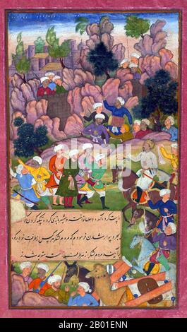 Indien: Zahir ud-din Muhammad Babur (1483-1530), der erste Mogul-Kaiser, kämpft am Jīkdālīk (Jagdalak)-Pass gegen die Afghanen. Miniaturgemälde aus dem Baburnama, Ende des 16. Jahrhunderts. Bāburnāma (wörtlich: "Buch von Babur" oder "Briefe von Babur"; auch bekannt als Tuzk-e Babri) ist der Name, der den Memoiren von Ẓahīr ud-Dīn Muḥammad Bābur, Gründer des Mogul-Reiches und Ururururenkel von Timur, gegeben wurde. Es handelt sich um ein autobiographisches Werk, ursprünglich in der Sprache Chagatai geschrieben, das Babur als „Turki“ (d. h. Turkisch), die gesprochene Sprache der Andischan-Timuriden, bekannt ist. Stockfoto