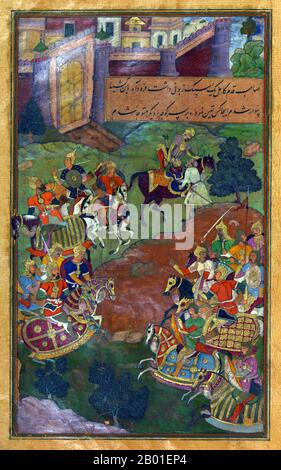 Indien: Zahir ud-din Muhammad Babur (1483-1530), der erste Mogul-Kaiser, wird von Sultan Muḥammad Vays ein frisches Pferd angeboten. Miniaturgemälde aus dem Baburnama, Ende des 16. Jahrhunderts. Bāburnāma (wörtlich: "Buch von Babur" oder "Briefe von Babur"; auch bekannt als Tuzk-e Babri) ist der Name, der den Memoiren von Ẓahīr ud-Dīn Muḥammad Bābur, Gründer des Mogul-Reiches und Ururururenkel von Timur, gegeben wurde. Es handelt sich um ein autobiographisches Werk, ursprünglich in der Sprache Chagatai geschrieben, das Babur als „Turki“ (d. h. Turkisch), die gesprochene Sprache der Andischan-Timuriden, bekannt ist. Stockfoto