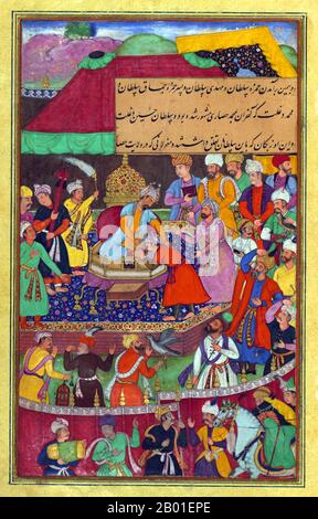 Indien: Zahir ud-din Muhammad Babur (1483-1530), der erste Mogul-Kaiser, wird von Ḥamzah Sulṭān, Mahdī Sulṭan und Mamāq Sulṭān geehrt. Miniaturgemälde aus dem Baburnama, Ende des 16. Jahrhunderts. Bāburnāma (wörtlich: "Buch von Babur" oder "Briefe von Babur"; auch bekannt als Tuzk-e Babri) ist der Name, der den Memoiren von Ẓahīr ud-Dīn Muḥammad Bābur, Gründer des Mogul-Reiches und Ururururenkel von Timur, gegeben wurde. Es handelt sich um ein autobiographisches Werk, ursprünglich in der Sprache Chagatai geschrieben, das Babur als „Turki“ (d. h. Turkisch), die gesprochene Sprache der Andischan-Timuriden, bekannt ist. Stockfoto