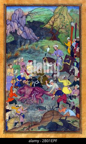 Indien: Zahir ud-din Muhammad Babur (1483-1530) der erste Mogul-Kaiser, der in Swat Nashörner jagt. Miniaturgemälde aus dem Baburnama, Ende des 16. Jahrhunderts. Bāburnāma (wörtlich: "Buch von Babur" oder "Briefe von Babur"; auch bekannt als Tuzk-e Babri) ist der Name, der den Memoiren von Ẓahīr ud-Dīn Muḥammad Bābur, Gründer des Mogul-Reiches und Ururururenkel von Timur, gegeben wurde. Es handelt sich um ein autobiographisches Werk, ursprünglich in der Sprache Chagatai geschrieben, das Babur als „Turki“ (d. h. Turkisch), die gesprochene Sprache der Andischan-Timuriden, bekannt ist. Stockfoto