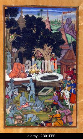 Indien: Babur und seine Krieger besuchen den hinduistischen Tempel Gurh Kerivas (Kūr Katrī) in Bigram. Miniaturgemälde aus dem Baburnama, Ende des 16. Jahrhunderts. Bāburnāma (wörtlich: "Buch von Babur" oder "Briefe von Babur"; auch bekannt als Tuzk-e Babri) ist der Name, der den Memoiren von Ẓahīr ud-Dīn Muḥammad Bābur (1483-1530), dem Gründer des Mogul-Reiches und Ururururensohn von Timur, gegeben wurde. Es handelt sich um ein autobiographisches Werk, ursprünglich in der Sprache Chagatai geschrieben, das Babur als „Turki“ (d. h. Turkisch), die gesprochene Sprache der Andischan-Timuriden, bekannt ist. Stockfoto