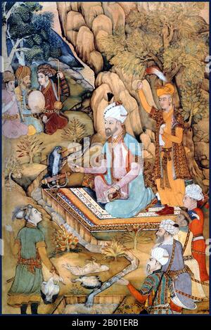 Indien: Zahir ud-din Muhammad Babur (1483-1530), der erste Mogul-Kaiser, entspannt und unterhaltsam. Miniaturgemälde aus dem Baburnama, c. 1605. Bāburnāma (wörtlich: "Buch von Babur" oder "Briefe von Babur"; auch bekannt als Tuzk-e Babri) ist der Name, der den Memoiren von Ẓahīr ud-Dīn Muḥammad Bābu, Gründer des Mogul-Reiches und Ururururenkel von Timur, gegeben wurde. Es handelt sich um ein autobiographisches Werk, ursprünglich in der Sprache Chagatai geschrieben, das Babur als „Turki“ (d. h. Turkisch), die gesprochene Sprache der Andischan-Timuriden, bekannt ist. Stockfoto