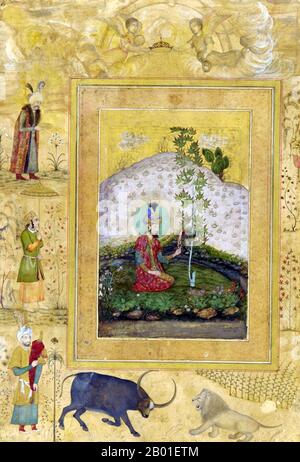 Indien: Nasir ud-din Muhammad Humayun (7. März 1508 - 22. Februar 1556), 2. Mogul-Kaiser, in einem Palastgarten. Miniaturgemälde aus dem Shah Jahan Album von Payag (Fl. 1591-1658), 1650. Humayun (vollständiger Titel: Al-Sultan al-'Azam Wal Khaqan al-Mukarram, Jam-i-Sultanat-i-haqiqi wa Majazi, Sayyid al-Salatin, Abu'l Muzaffar Nasir ud-din Muhammad Humayun Padschah Ghazi, Zillu'u al-Salatin, der zweite, Mollah-1530 1556. Und moderne Teil von Pakistan, war der 1555-1540. Und der nördliche Teil von Indien. Wie sein Vater, Babur, verlor er sein Königreich früh, aber er erlangte es mit persischer Hilfe zurück Stockfoto