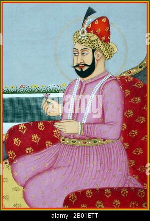 Indien: Nasir ud-din Muhammad Humayun (7. März 1508 - 22. Februar 1556), 2. Mogul-Kaiser, kniend auf einem Thron. Miniaturgemälde aus einer Serie von Mogul-Kaisern aus dem 18. Jahrhundert. Humayun (vollständiger Titel: Al-Sultan al-'Azam Wal Khaqan al-Mukarram, Jam-i-Sultanat-i-haqiqi wa Majazi, Sayyid al-Salatin, Abu'l Muzaffar Nasir ud-din Muhammad Humayun Padschah Ghazi, Zillu'u al-Salatin, der zweite 1530 1556. Tag des nördlichen Afghanistans, Mollah, war der 1555. Und 1540. Tag des nördlichen (Mollah). Wie sein Vater, Babur, verlor er sein Königreich früh, aber er erlangte es mit persischer Hilfe zurück. Stockfoto