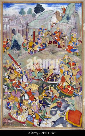 Indien/Afghanistan: Nasir ud-din Muhammad Humayun (7. März 1508 - 22. Februar 1556), 2. Mogul-Kaiser, besiegt seinen rebellischen Bruder Kamran in Kabul im Jahr 1553. Miniaturmalerei, c. 1597. Humayun (vollständiger Titel: Al-Sultan al-'Azam Wal Khaqan al-Mukarram, Jam-i-Sultanat-i-haqiqi wa Majazi, Sayyid al-Salatin, Abu'l Muzaffar Nasir ud-din Muhammad Humayun Padschah Ghazi, Zillu'u al-Salatin, der zweite 1530 1556. Tag des nördlichen Afghanistans, Mollah, war der 1555. Und 1540. Tag des nördlichen (Mollah). Wie sein Vater, Babur, verlor er sein Königreich früh, aber er erlangte es mit persischer Hilfe zurück. Stockfoto