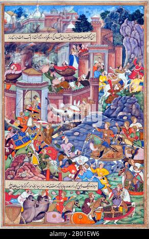 Indien: Die Flucht von Sultan Bahadur während Humayuns Kampagne in Gujarat (1535). Folio aus an Akbarnama (Geschichte Akbar) von Dharmdas (F. 16. Jahrhundert), c. 1590. Nasir ud-din Muhammad Humayun (7. März 1508 - 22. Februar 1556) war der zweite Mogul-Kaiser, der von 1530-1540 und wieder von 1555 bis 1556 Afghanistan, Pakistan und Teile Nordindiens regierte. Wie sein Vater, Babur, verlor er sein Königreich früh, aber mit persischer Hilfe erlangte er schließlich ein noch größeres. Am Vorabend seines Todes im Jahr 1556 erstreckte sich das Mogul-Reich über fast eine Million Quadratkilometer. Stockfoto