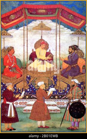 Indien: Akbar übergibt seine kaiserliche Krone an Shah Jahan. Miniaturmalerei aus dem Minto Album von Bichitr (Reihe 1610-1660), c. 1630-1631. Akbar (25. Oktober 1542 bis 27. Oktober 1605), auch bekannt als Shahanshah Akbar-e-Azam oder Akbar der große, war der dritte Mogul-Kaiser. Er war von timuridem Abstammung; der Sohn von Kaiser Humayun und der Enkel von Kaiser Babur, dem Herrscher, der die Mogul-Dynastie in Indien gründete. Am Ende seiner Herrschaft im Jahr 1605 erstreckte sich das Mogul-Reich über den größten Teil des nördlichen und mittleren Indiens. Akbar war 13 Jahre alt, als er den Mogul-Thron in Delhi bestieg (Februar 1556). Stockfoto