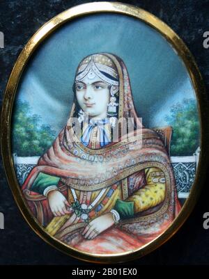 Indien: Kaiserin Jodhabai (ca. 1542. Bis 19. Mai 1623), Ehefrau des 3. Mogul-Kaisers Akbar (25. Oktober 1542 bis 27. Oktober 1605). Posthume Portrait, c. 1850. Mariam uz-Zamani Begum Sahiba (kaiserliche Prinzessin), geborene Rajkumari (Prinzessin) Hira Kunwari, alias Harkha Bai war eine Rajput-Prinzessin, die nach ihrer Heirat mit Mogul-Kaiser Akbar zur Mogul-Kaiserin wurde. Sie war die älteste Tochter von Kachwaha Rajput, Raja Bharmal von Amber, dem älteren Namen des Rajput-Staates Jaipur. Ihre Notsituation ergibt sich aus ihrer Ehe mit dem Mogul-Kaiser Jalaluddin Muhammad Akbar. Stockfoto