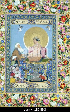 Indien: Jahangir zieht einen Sufi Shaikh den Königen vor. Aquarellgemälde aus der St. Petersburg Album von Bichitr (Reihe 1610-1660), c. 1615-1618. Jahangir (20. September 1569 - 8. November 1627) war von 1605 bis zu seinem Tod im Jahr 1627 Herrscher des Mogul-Reiches. Der Name Jahangir stammt aus Persisch جهانگیر und bedeutet "Weltherrscher". Nur-ud-din oder nur al-DIN ist ein arabischer Name, der „Licht des Glaubens“ bedeutet. Geboren als Prinz Muhammad Salim, war er der dritte und älteste überlebende Sohn des Mogul-Kaisers Akbar. Akbars Zwillingssöhne, Hasan und Hussain, starben im Säuglingsalter. Stockfoto