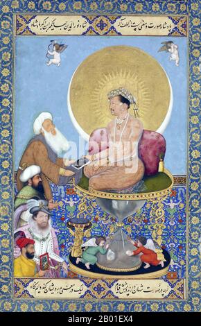 Indien: Jahangir zieht einen Sufi Shaikh den Königen vor. Aquarellgemälde aus der St. Petersburg Album von Bichitr (Reihe 1610-1660), c. 1615-1618. Jahangir (20. September 1569 - 8. November 1627) war von 1605 bis zu seinem Tod im Jahr 1627 Herrscher des Mogul-Reiches. Der Name Jahangir stammt aus Persisch جهانگیر und bedeutet "Weltherrscher". Nur-ud-din oder nur al-DIN ist ein arabischer Name, der „Licht des Glaubens“ bedeutet. Geboren als Prinz Muhammad Salim, war er der dritte und älteste überlebende Sohn des Mogul-Kaisers Akbar. Akbars Zwillingssöhne, Hasan und Hussain, starben im Säuglingsalter. Stockfoto