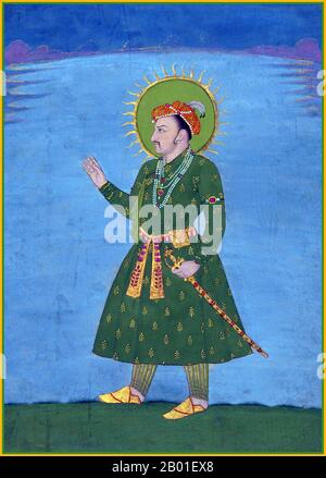 Indien: Der 4. Mogul-Kaiser Jahangir (20. September 1569 - 8. November 1627). Blattporträt, c. 1825-1875. Jahangir (vollständiger Titel: Al-Sultan al-'Azam Wal Khaqan al-Mukarram, Khushru-i-Giti Panah, Abu'l-Fath nur-ud-din Muhammad Jahangir Padschah Ghazi [Jannat-Makaani]) war von 1605 bis zu seinem Tod im Jahr 1627 Herrscher des Mogul-Reiches. Der Name Jahangir stammt aus Persisch جهانگیر und bedeutet "Weltherrscher". Nur-ud-din oder nur al-DIN ist ein arabischer Name, der „Licht des Glaubens“ bedeutet. Geboren als Prinz Muhammad Salim, war er der dritte und älteste überlebende Sohn des Mogul-Kaisers Akbar. Stockfoto