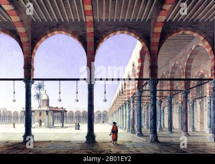 Ägypten: Blick auf die Moschee von Amr ibn al-AS, Kairo. Malerei von Pascal Coste (26. November 1787 bis 8. Februar 1879), c. 1839. Die Moschee von Amr ibn al-AS (Arabisch: جامع عمرو بن العاص), auch Moschee von Amr genannt, wurde ursprünglich 642 CE als Zentrum der neu gegründeten ägyptischen Hauptstadt Fustat erbaut. Das ursprüngliche Bauwerk war die erste Moschee, die jemals in Ägypten gebaut wurde, und damit die erste Moschee auf dem afrikanischen Kontinent. Der Ort der Moschee war der Ort des Zelts des Kommandanten der Eroberungsarmee, General Amr ibn al-AS. Stockfoto