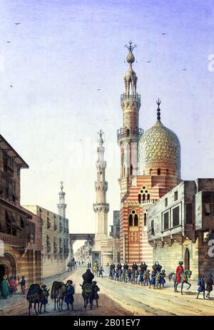 Ägypten: Blick auf die Madrassa von Qanibey Emir Akhur und die Moschee von Ibrahim Aga, Kairo. Malerei von Pascal Coste (26. November 1787 bis 8. Februar 1879), c. 1829. Xavier Pascal Coste war französischer Architekt. Sein Vater war einer der führenden Mitarbeiter in Marseille. Pascal zeigte intellektuelle und künstlerische Versprechungen und begann sein Studium im Studio von Penchaud, dem Architekten des Departements und der stadtverwaltung. 1814 wurde er in die Ecole des Beaux-Arts in Paris aufgenommen. Seine Zeit in Paris war eine entscheidende Zeit in seinem Leben. Stockfoto