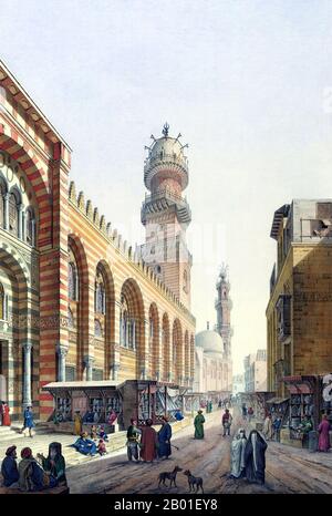 Ägypten: Blick auf die Sultan al-Mansur ibn Qala'um Moschee, Kairo. Malerei von Pascal Coste (26. November 1787 bis 8. Februar 1879), c. 1829. Die Moschee von Sultan Qala'un wurde 1284 entlang der Shari' el-Muizz von Sultan el-Mansur Qala'um erbaut. Es besteht aus einer Moschee, Madrasa, einem Mausoleum und einem Muristan (das in den 1920er Jahren durch ein modernes Krankenhaus ersetzt wurde). Die Anlage ist das früheste Beispiel eines neuen syrischen Stils dieser Zeit und zeigt typische Mameluke-Architektur. Stockfoto