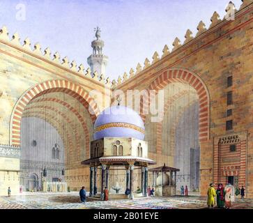 Ägypten: Innere der Moschee-Madrassa von Sultan Hassan, Kairo. Malerei von Pascal Coste (26. November 1787 bis 8. Februar 1879), c. 1839. Die Moschee-Madrassa von Sultan Hassan ist eine riesige Moschee und Madrassa aus der Mamluk-Zeit in der Nähe der Zitadelle in Kairo. Der Bau begann 757 AH/1356 CE, die Arbeiten wurden drei Jahre später abgeschlossen. Zum Zeitpunkt des Baus galt die Moschee als bemerkenswert für ihre fantastische Größe und innovative architektonische Komponenten. Stockfoto