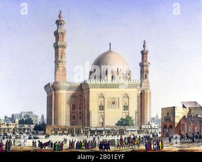 Ägypten: Eine Kamelkarawane, die an der Moschee-Madrassa von Sultan Hassan, Kairo, vorbeiführt. Malerei von Pascal Coste (26. November 1787 bis 8. Februar 1879), c. 1839. Die Moschee-Madrassa von Sultan Hassan ist eine riesige Moschee und Madrassa aus der Mamluk-Zeit in der Nähe der Zitadelle in Kairo. Der Bau begann 757 AH/1356 CE, die Arbeiten wurden drei Jahre später abgeschlossen. Zum Zeitpunkt des Baus galt die Moschee als bemerkenswert für ihre fantastische Größe und innovative architektonische Komponenten. Stockfoto