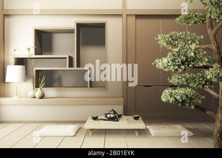 Verspottete Regalwand, Speziell im japanischen Stil, leerer Raum. 3D-Rendering Stockfoto