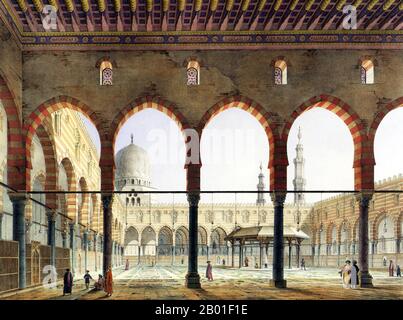 Ägypten: Innenhof der Moschee von Sultan al-Mu'ayyad, Kairo. Malerei von Pascal Coste (26. November 1787 bis 8. Februar 1879), c. 1839. Xavier Pascal Coste war französischer Architekt. Sein Vater war einer der führenden Mitarbeiter in Marseille. Pascal zeigte intellektuelle und künstlerische Versprechungen und begann sein Studium im Studio von Penchaud, dem Architekten des Departements und der stadtverwaltung. 1814 wurde er in die Ecole des Beaux-Arts in Paris aufgenommen. Seine Zeit in Paris war eine entscheidende Zeit in seinem Leben - dort traf er den Geografen Edme Francois Jomard, der ihn mit dem Vizekönig Ägyptens in Kontakt brachte. Stockfoto