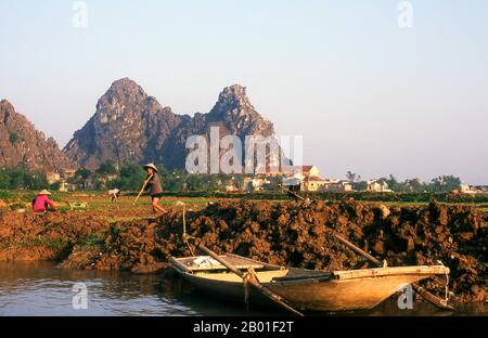 Vietnam: Bearbeitete Reisfelder in der Nähe von Kenh GA, Provinz Ninh Binh. Im schwimmenden Dorf Kenh GA oder „Chicken Canal“ verbringt fast die gesamte Gemeinde ihr Leben auf dem Wasser, und das Dorf ist nur mit dem Boot erreichbar. Nordvietnam, das Gebiet am Delta des Roten Flusses mit seiner Hauptstadt in Hanoi, erstreckt sich von der chinesischen Grenze im Norden bis zum Fluss Ma in der Provinz Thanh Hoa im Süden. Im Westen bilden der Truong-Sohn oder die „Long Mountains“ und die Grenze zu Lao die Grenze; im Osten liegt Vinh Bac Bo, der „nördliche Golf“. Stockfoto