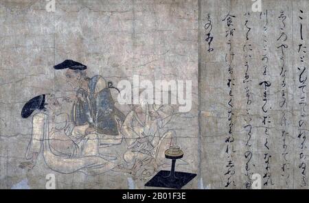 Japan: Einen erkälteten Mann untersuchen. Handscrollen-Gemälde aus dem Yamai no Soshi (Yamai Zoshi) oder „Diseases Scroll“, Mitte des 12. Jahrhunderts CE. Die Shihon Choshoku Yamai no soshi („Krankheiten und Missbildungen“, 紙本著色病草紙) ist eine Handschrift (Emakimono) aus dem späten Heian (12. Jahrhundert), die aus Farbgemälden auf Papier besteht, das zu gegebener Zeit in zehn separate Abschnitte geschnitten wurde. Sie sind im Kyoto National Museum erhalten und als nationales Juwel Japans gelistet. Stockfoto