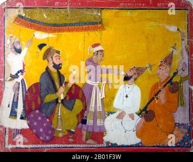 Indien: Jahangir (20. September 1569 - 8. November 1627) Prüfung der Strafe von Gosain Nirmalji und Bhagvanji. Rajput Gemälde, c. 1750. Jahangir (vollständiger Titel: Al-Sultan al-'Azam Wal Khaqan al-Mukarram, Khushru-i-Giti Panah, Abu'l-Fath nur-ud-din Muhammad Jahangir Padschah Ghazi [Jannat-Makaani]) war von 1605 bis zu seinem Tod im Jahr 1627 Herrscher des Mogul-Reiches. Der Name Jahangir ist aus Persisch جهانگیر, was bedeutet "Weltherrscher". Geboren als Prinz Muhammad Salim, war er der dritte und älteste überlebende Sohn von Kaiser Akbar, dessen Zwillingsbrüder im Säuglingsalter gestorben waren. Stockfoto