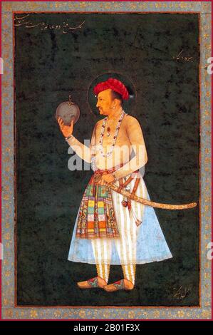 Indien: Jahangir (20. September 1569 - 8. November 1627) mit Blick auf einen Globus. Miniaturmalerei von Bichitr (Reihe 1610-1660), c. 1620. Jahangir (vollständiger Titel: Al-Sultan al-'Azam Wal Khaqan al-Mukarram, Khushru-i-Giti Panah, Abu'l-Fath nur-ud-din Muhammad Jahangir Padschah Ghazi [Jannat-Makaani]) war von 1605 bis zu seinem Tod im Jahr 1627 Herrscher des Mogul-Reiches. Der Name Jahangir ist aus Persisch جهانگیر, was bedeutet "Weltherrscher". Nur-ud-din oder nur al-DIN ist ein arabischer Name, der „Licht des Glaubens“ bedeutet. Geboren als Prinz Muhammad Salim, war er der dritte und älteste überlebende Sohn von Kaiser Akbar. Stockfoto