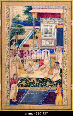 Indien: Jahangir (20. September 1569 - 8. November 1627) Entspannung mit nur Jahan und Prinz Khurram. Miniaturmalerei, c. 1640-1650. Jahangir (vollständiger Titel: Al-Sultan al-'Azam Wal Khaqan al-Mukarram, Khushru-i-Giti Panah, Abu'l-Fath nur-ud-din Muhammad Jahangir Padschah Ghazi [Jannat-Makaani]) war von 1605 bis zu seinem Tod im Jahr 1627 Herrscher des Mogul-Reiches. Der Name Jahangir ist aus Persisch جهانگیر, was bedeutet "Weltherrscher". Nur-ud-din oder nur al-DIN ist ein arabischer Name, der „Licht des Glaubens“ bedeutet. Geboren als Prinz Muhammad Salim, war er der dritte und älteste überlebende Sohn von Kaiser Akbar. Stockfoto