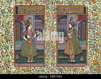 Indien: Porträt von Kaiser Jahangir (20. September 1569 - 8. November 1627) mit seiner Kaiserin nur Jahan (1577. - 18. Dezember 1645). Miniaturmalerei, c. Jahangir aus dem 19. Jahrhundert (vollständiger Titel: Al-Sultan al-'Azam Wal Khaqan al-Mukarram, Khushru-i-Giti Panah, Abu'l-Fath nur-Jahud-din Muhammad Muhammad Padschah Ghazi [Jannat-Makaani]) war von 1605 bis zu seinem Tod der Herrscher des Mogulreichs 1627. Der Name Jahangir ist aus Persisch جهانگیر, was bedeutet "Weltherrscher". Geboren als Prinz Muhammad Salim, war er der dritte und älteste überlebende Sohn des Mogul-Kaisers Akbar. Stockfoto