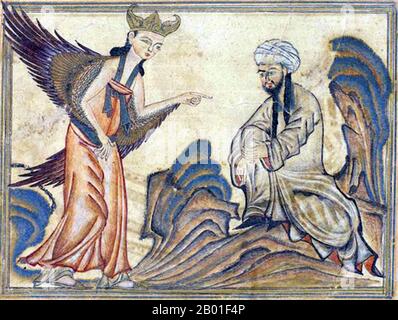 Iran/Persien: Der Prophet Muhammad erhielt seine erste Offenbarung von Gott durch den Engel Jibril (Gabriel). Miniaturdarstellung auf Velinium aus dem Buch Jami' al-Tawarikh (wörtlich „Kompendium der Chroniken“, aber oft auch als „die Universelle Geschichte oder Geschichte der Welt“ bezeichnet), von Rashid al-DIN (1247-1318), Tabriz, Persia, 1307 CE, jetzt in der Sammlung der Edinburgh University Library, Schottland. Die Darstellungen des Propheten Muhammad sind umstritten und im sunnitischen Islam (insbesondere Hanafiyya, Wahabi, Salafiyya) generell verboten. Stockfoto