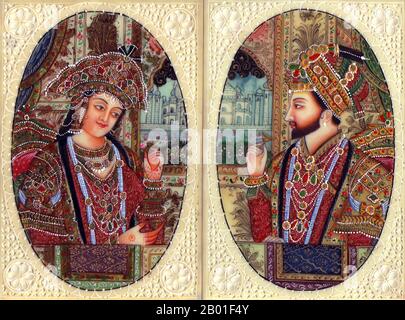 Indien: Shah Jahan (5. Januar 1592 - 22. Januar 1666) und Mumtaz Mahal (29. Oktober 1593 - 17. Juni 1631) in Doppelporträts, Mogul-Stil, c. Anfang des 20. Jahrhunderts. Shah Jahan war von 1628 bis 1658 Kaiser des Mogul-Reiches auf dem indischen Subkontinent. Der Name Shah Jahan stammt aus Persisch und bedeutet „König der Welt“. Er war der fünfte Mogul-Kaiser nach Babur, Humayun, Akbar und Jahangir. Mumtaz Mahal, geboren in Arjumand Banu Begum, war eine Mogul-Kaiserin und Chefgefährte des Kaisers Shah Jahan. Das Taj Mahal in Agra wurde von ihrem Mann als Grab und Symbol seiner unsterblichen Liebe erbaut Stockfoto