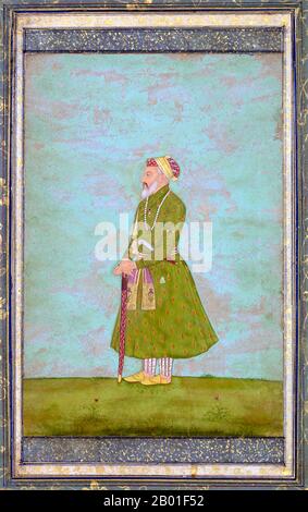 Indien: Mogul-Kaiser Shah Jahan (5. Januar 1592 - 22. Januar 1666) als älterer Mann. Aquarellgemälde, Ende des 17. Jahrhunderts. Shah Jahan war von 1628 bis 1658 Kaiser des Mogul-Reiches auf dem indischen Subkontinent. Der Name Shah Jahan stammt aus Persisch und bedeutet „König der Welt“. Er war der fünfte Mogul-Kaiser nach Babur, Humayun, Akbar und Jahangir. Die Zeit seiner Herrschaft war das goldene Zeitalter der Mogul-Architektur. Shahanshah Shah Jahan errichtete viele herrliche Denkmäler, von denen das berühmteste das legendäre Taj Mahal in Agra ist, das als Grab für seine Frau, Kaiserin Mumtaz Mahal, errichtet wurde. Stockfoto