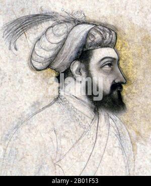 Indien: Portrait des Mogul-Kaisers Shah Jahan (5. Januar 1592 - 22. Januar 1666) eines unbekannten indischen Künstlers, Mitte des 17. Jahrhunderts. Shah Jahan war von 1628 bis 1658 Kaiser des Mogul-Reiches auf dem indischen Subkontinent. Der Name Shah Jahan stammt aus Persisch und bedeutet „König der Welt“. Er war der fünfte Mogul-Kaiser nach Babur, Humayun, Akbar und Jahangir. Die Zeit seiner Herrschaft war das goldene Zeitalter der Mogul-Architektur. Shahanshah Shah Jahan errichtete viele herrliche Denkmäler, von denen das berühmteste das legendäre Taj Mahal in Agra ist, das als Grab für seine Frau, Kaiserin Mumtaz Mahal, errichtet wurde Stockfoto