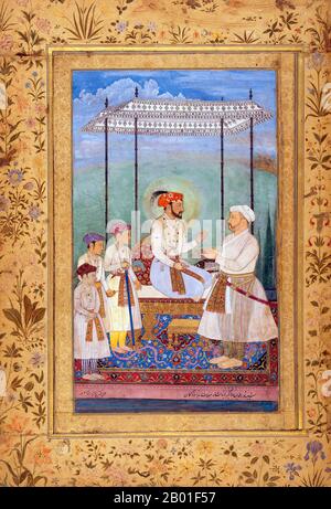 Indien: Shah Jahan (5. Januar 1592 - 22. Januar 1666) mit seinen drei Söhnen Dara Shikoh, Shah Shuja und Aurangzeb, ihrem mütterlichen Großvater Asaf Khan rechts. Miniaturmalerei, c. 1628. Shah Jahan war von 1628 bis 1658 Kaiser des Mogul-Reiches auf dem indischen Subkontinent. Der Name Shah Jahan stammt aus Persisch und bedeutet „König der Welt“. Er war der fünfte Mogul-Kaiser nach Babur, Humayun, Akbar und Jahangir. Die Zeit seiner Herrschaft war das goldene Zeitalter der Mogul-Architektur. Shah Jahan errichtete viele herrliche Denkmäler, von denen das berühmteste das legendäre Taj Mahal ist. Stockfoto