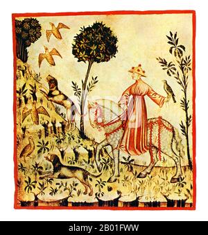 Irak/Italien: Rebhühner (Perdices). Illustration aus Ibn Butlans Taqwim al-sihha oder „Erhaltung der Gesundheit“ (Bagdad, 11. Jahrhundert), veröffentlicht in Italien als die Tacuinum Sanitatis, 14. Jahrhundert. Das Tacuinum (manchmal Taccuinum) Sanitatis ist ein mittelalterliches Handbuch über Gesundheit und Wohlbefinden, basierend auf dem Taqwim al-sihha تقويم الصحة („Erhaltung der Gesundheit“), einer arabischen medizinischen Abhandlung von Ibn Butlan aus Bagdad aus dem 11. Jahrhundert. Ibn Butlân war ein christlicher Arzt, geboren in Bagdad und starb 1068. Stockfoto