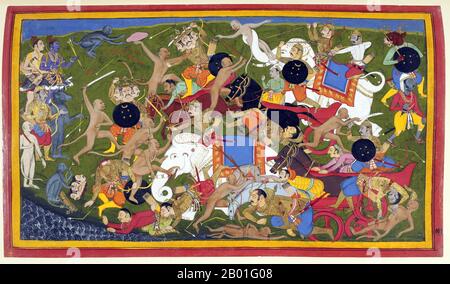 Indien: Die Schlacht von Lanka. Gemälde von Sahibdin (FL. 17. Jahrhundert), 17. Jahrhundert. Eine Szene aus dem Ramayana, einem alten Sanskrit-Epos. Hier sind mehrere Phasen des Krieges von Lanka dargestellt, in denen die Affenarmee des Protagonisten Rama (obere linke blaue Figur) gegen die Dämonenarmee des Königs von Lanka, Ravana, kämpft, um Ramas entführte Frau Sita zu retten. Die dreiköpfige Figur des Dämonengenerals Trisiras tritt an mehreren Orten auf – am dramatischsten links unten, wo er von Hanuman enthauptet wird. Sahibdin war ein indischer Miniaturmaler der Mewar-Schule für Rajasthani-Gemälde. Stockfoto