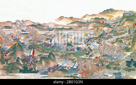 China: Qing-Kräfte "entestroying Bandit lairs at Tongcheng" (Taiping Rebellion, 1850-1864) (Taiping Rebellion, 1850-1864). Handscrollen-Gemälde von Qingkuan, 19. Jahrhundert. Die Taiping Rebellion war ein weit verbreiteter Bürgerkrieg in Südchina von 1850 bis 1864, angeführt von heterodoxem christlichen Konvertiten Hong Xiuquan, der, nachdem er Visionen erhalten hatte, behauptet, er sei der jüngere Bruder von Jesus Christus, gegen die herrschende Manchu-geführte Qing-Dynastie. Etwa 20 Millionen Menschen starben, hauptsächlich Zivilisten, in einem der tödlichsten militärischen Konflikte der Geschichte. Stockfoto