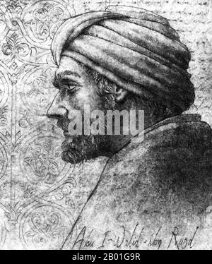 Spanien / Al-Andalus: Ibn Rushd (1126 - 10. Dezember 1198), ca. 12. Jahrhundert. Abū l-Walīd Muḥammad bin ʾAḥmad Rušd, besser bekannt als Ibn Rushd und in der europäischen Literatur als Averroes, war ein muslimischer Polymath; ein Meister der aristotelischen Philosophie, islamischen Philosophie, islamischer Theologie, Maliki-Recht und -Jurisprudenz, Logik, Psychologie, Politik, arabischer Musiktheorie, und die Wissenschaften der Medizin, Astronomie, Geographie, Mathematik, Physik und Himmelsmechanik. Er wurde in Córdoba, Al Andalus, dem heutigen Spanien, geboren und starb in Marrakesch, Marokko. Seine Philosophieschule ist bekannt als Averroismus. Stockfoto