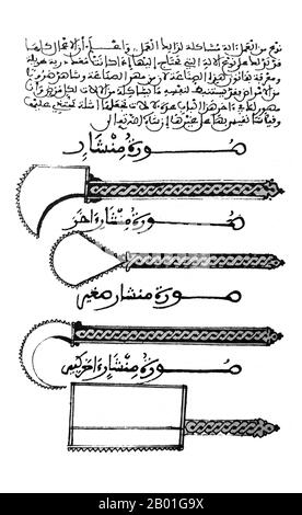 Spanien/Al-Andalus: Illustrationen chirurgischer Instrumente aus einer islamischen medizinischen Abhandlung von Al-Zahrawi (936-1013), Al-Andalusien, 10. Jahrhundert. Al-Andalus war der arabische Name einer Nation und einer Territorialregion, die gemeinhin auch als maurische Iberien bezeichnet wird. Der Name beschreibt Teile der iberischen Halbinsel und Septimanien, die von Muslimen regiert werden (oft unter dem Gattungsnamen „Mauren“), zu verschiedenen Zeiten zwischen 711 und 1492, obwohl die territorialen Grenzen aufgrund der Kriege mit den christlichen Königreichen ständig verändert wurden. Stockfoto