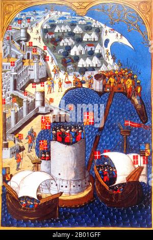 Griechenland/Venedig: Die Belagerung von Rhodos 1480. Schiffe der Hospitler im Vordergrund und türkisches Lager im Hintergrund (osmanisch-venezianische Kriege). Beleuchtung durch den Meister des Kardinals de Bourbon (Reihe 1470-1500), c. 1483. Am 23. Mai 1480 erschien eine osmanische Flotte von 160 Schiffen vor Rhodos am Golf von Trianda, zusammen mit einer Armee von 70.000 Männern unter dem Kommando von Gedik Ahmed Pascha oder Mesih Pascha. Die Hausmeister-Garnison wurde von Großmeister Pierre d'Aubusson angeführt. Die Ritter wurden von Frankreich aus von 500 Ritter und 2.000 Soldaten unter d'Aubussons Bruder Antoine verstärkt. Stockfoto