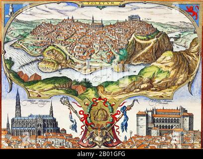 Spanien/Al-Andalus/Deutschland: Blick und Plan von Toledo von Georg Braun (1541-1622) und Frans Hogenberg (1535-1590), Deutschland, c. 16. Jahrhundert. Toledo (Toletum auf lateinisch), das seit der Bronzezeit besiedelt ist, gewann während der Römerzeit an Bedeutung und war ein wichtiges Handels- und Verwaltungszentrum in der römischen Provinz Tarraconensis. Nach dem Fall des Römischen Reiches diente Toledo als Hauptstadt des Visigotischen Spaniens, beginnend mit Liuvigild (Leovigild), und war die Hauptstadt Spaniens, bis die Muslime Iberien im 8. Jahrhundert eroberten. Unter dem Kalifat von Cordoba erlebte Toledo ein goldenes Zeitalter. Stockfoto