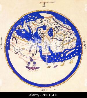 Italien/Marokko: Die Weltkarte von Muhammad al-Idrisi, 1154 CE. Abu Abd Allah Muhammad al-Idrisi al-Qurtubi al-Hasani al-Sabti oder einfach Al Idrisi (1099-1165/1166) war ein marokkanischer muslimischer Geografie, Kartograf, Ägyptologe und Reisender, der in Sizilien lebte, am Hof von König Roger II Muhammed al-Idrisi wurde in Ceuta geboren, gehörte dann dem Almoravid-Reich an und starb in Sizilien. Al Idrisi war ein Nachkomme der Idrisiden, die wiederum Nachkommen von Hasan bin Ali waren, dem Sohn von Ali und dem Enkel des islamischen Propheten Muhammad. Stockfoto